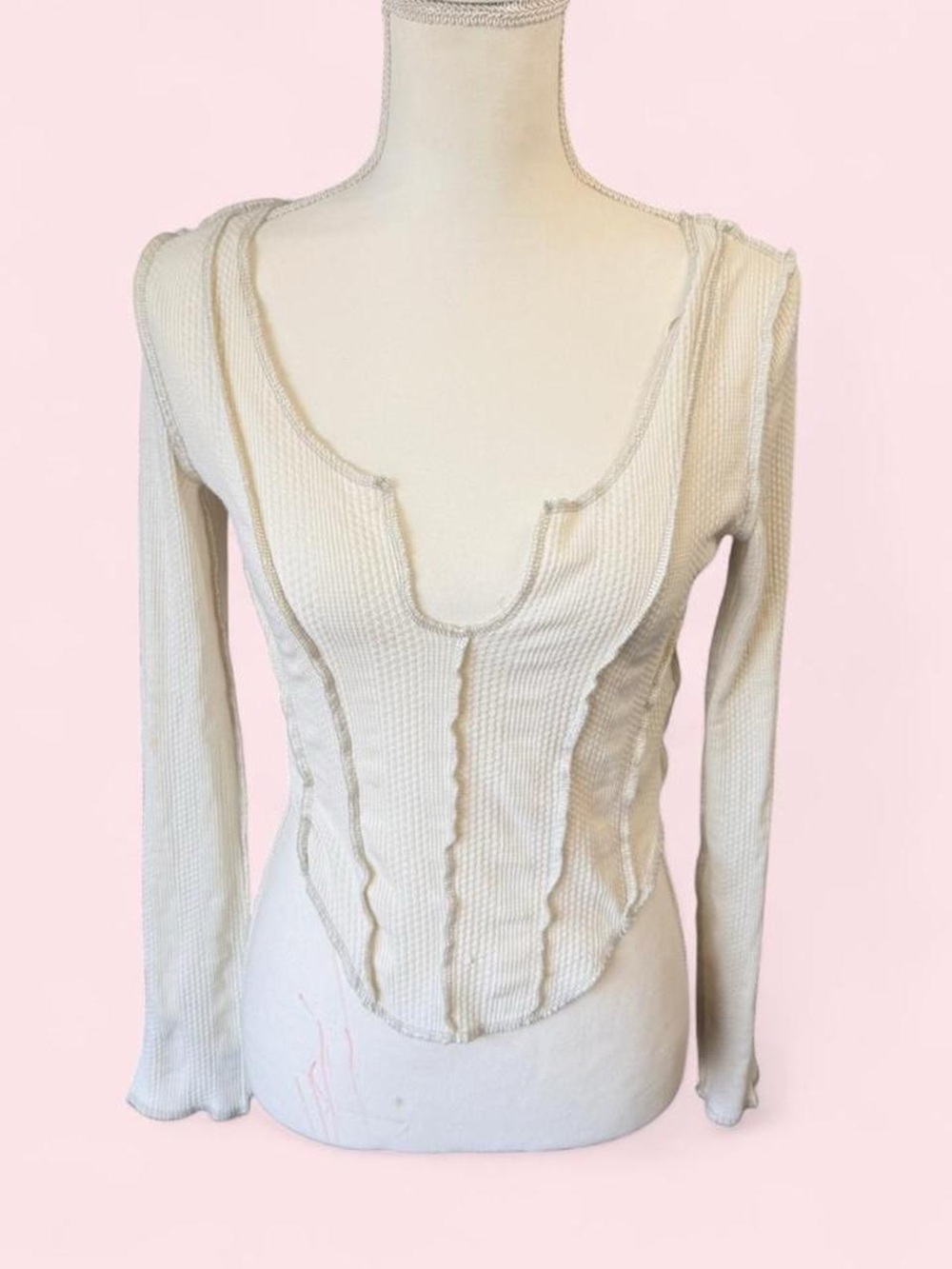 Bershka Cream Ribbed Long-Sleeve Scoop Neck Top